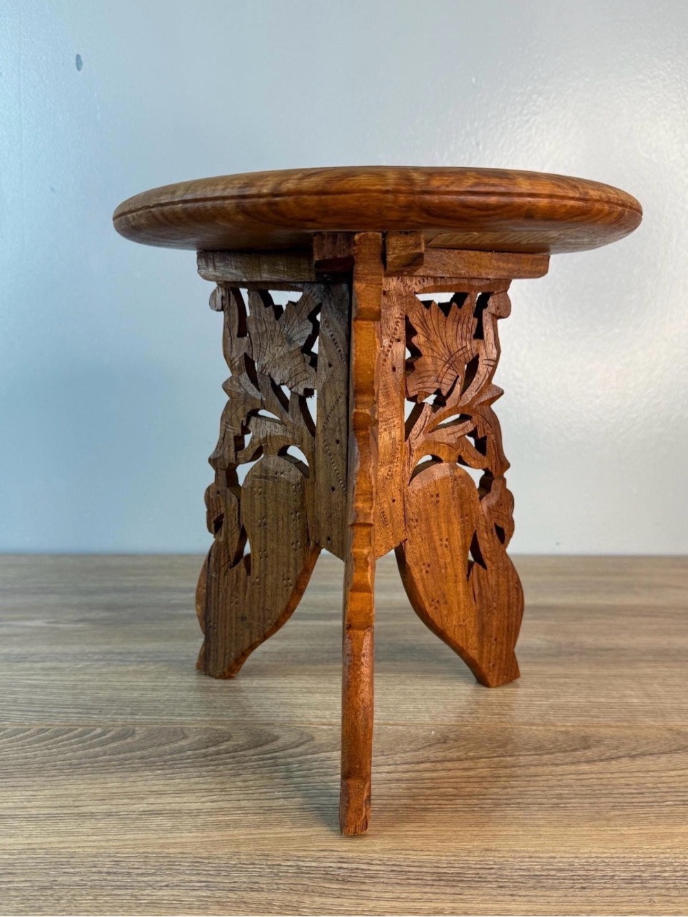 Vintage 1980s Indian Hand Carved Wood Folding Plant Stand Stool Bone Inlay 7.5”